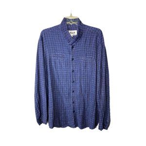 Vintage FLAX Linen Shirt Blue Plaid Button Down, S